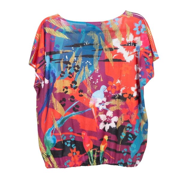 B.L.E.U. Shirt L Womens Multicolor Floral Bird Boxy Loose Fit Gems Elastic Waist - Picture 5 of 5